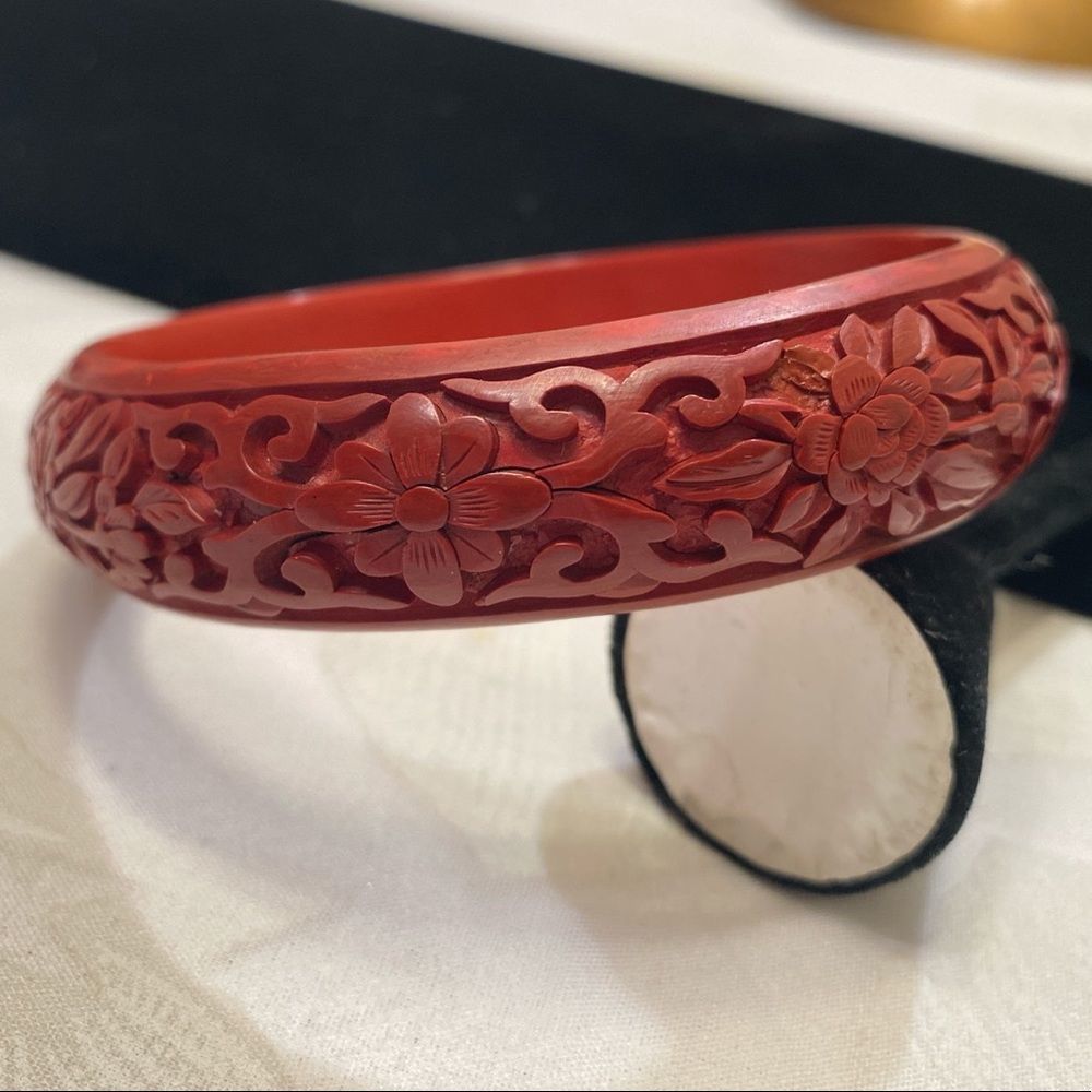 Vintage Asian Carved Flower Red Cinnabar Bracelet